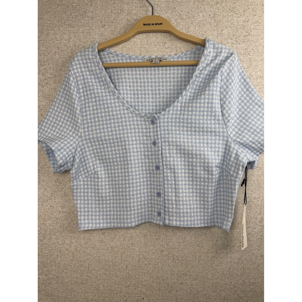 Haute Monde Cropped Button-Front Top — Size L — Light Blue & White Check —‎ NWT